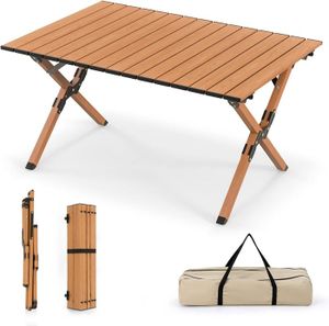 TABLE DE CAMPING GOPLUS Table de Camping Enroulable 89×59x45cm-Table de Pique-Nique Pliante Aluminium avec Sac de Transport pour Camping Marron